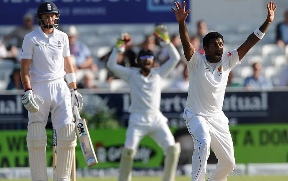 Unsuccessful LBW appeal by Sri Lanka Dhammika Prasad for England's Joe Root during day four of the Second Test Match between England and Sri Lanka at Headingley cricket ground, Leeds, England.