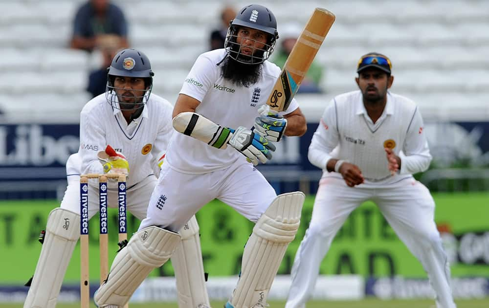 England's Moeen Ali watches a ball go the boundary after playing a shot during day five of the Second Test Match between England and Sri Lanka at Headingley cricket ground, Leeds, England.