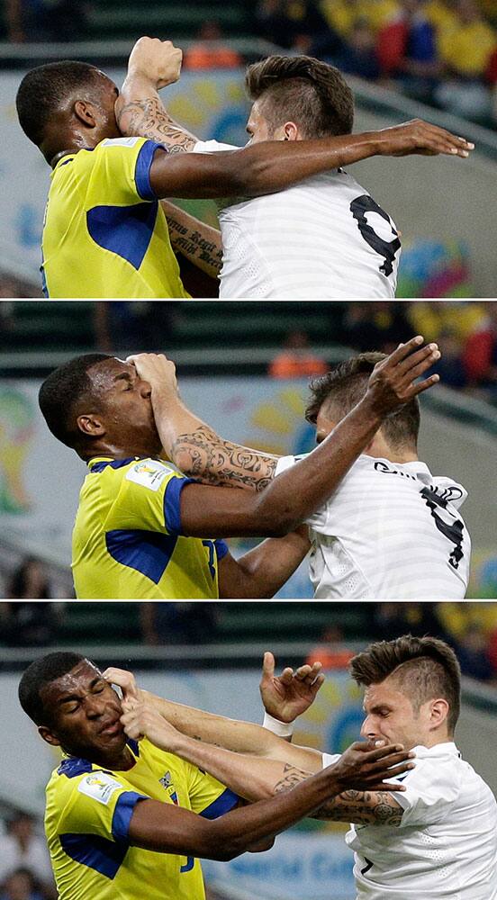 The combo show France's Olivier Giroud, right, clashing with Ecuador's Frickson Erazo during the group E World Cup soccer match between Ecuador and France at the Maracana Stadium in Rio de Janeiro, Brazil.