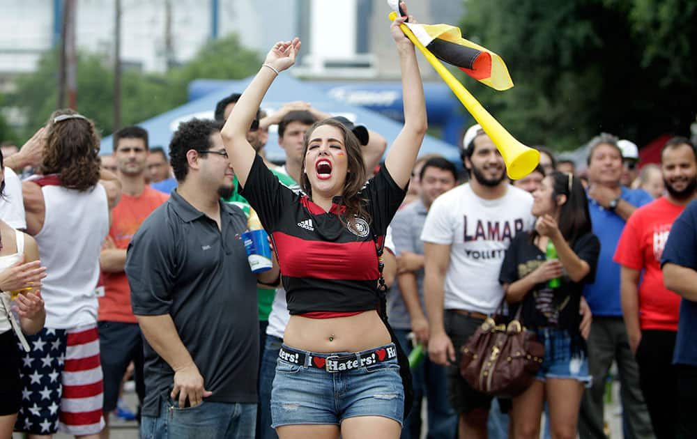 Lucy Wolfram celebrates Germany's goal over the United States during the World Cup soccer game.