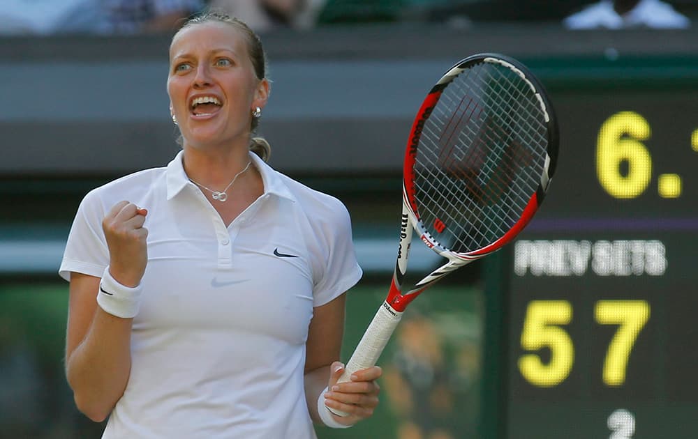 Petra Kvitova of the Czech Republic celebrates winning against Venus Williams of U.S. in their women's singles match at the All England Lawn Tennis Championships in Wimbledon, London.