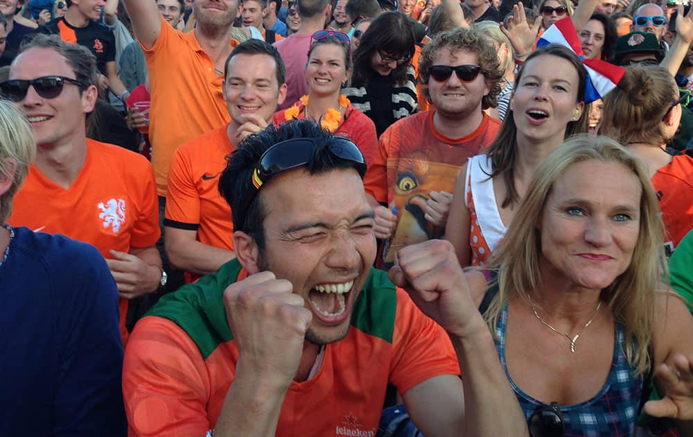 Festival goers celebrate as they watch the 2-1 win of the Dutch team in the World Cup round of 16 soccer match between the Netherlands and Mexico on the last day of the 'Down the Rabbit Hole' music festival in Beuningen, near Nijmegen.