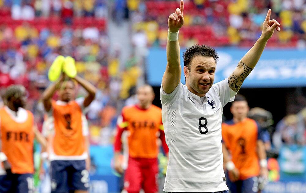 France's Mathieu Valbuena celebrates after the World Cup round of 16 soccer match between France and Nigeria at the Estadio Nacional in Brasilia, Brazil.