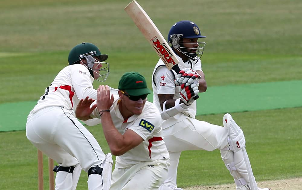 Shikhar Dhawan plays a shot during day one of the international warm up match against Leicestershire at Grace Road, Leicester England.