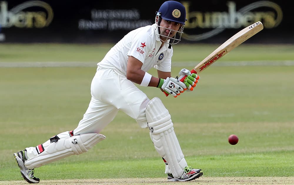 Gautam Gambhir plays a shot during day one of the international warm up match against Leicestershire at Grace Road, Leicester England.