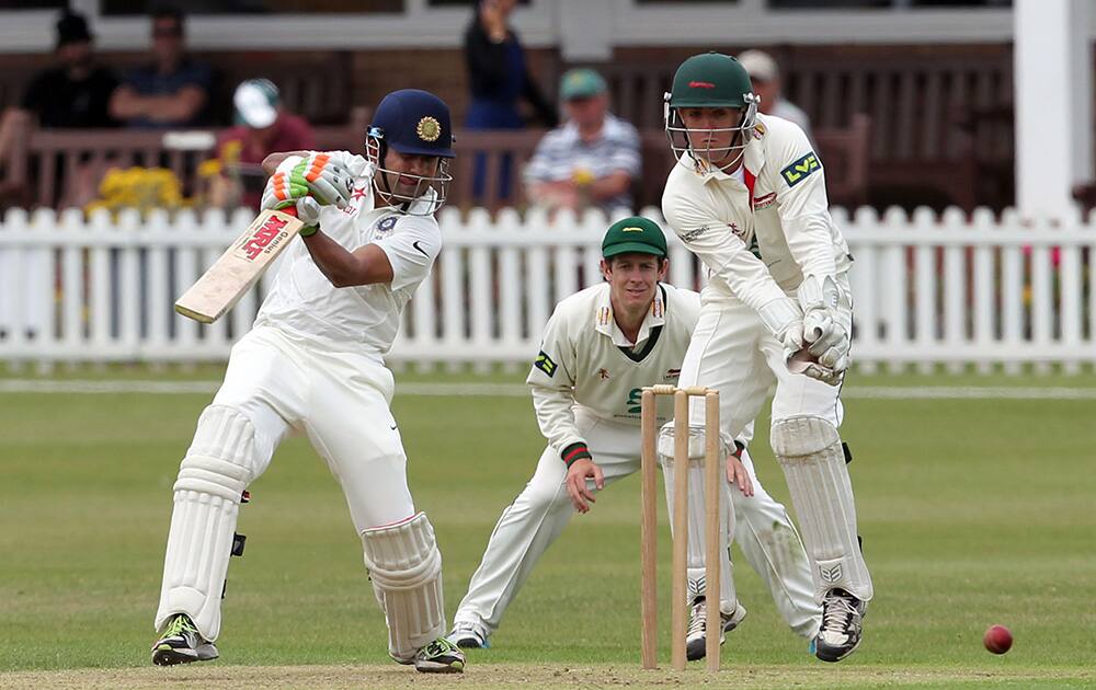 Gautam Gambhir plays a shot during day one of the international warm up match against Leicestershire at Grace Road, Leicester England.