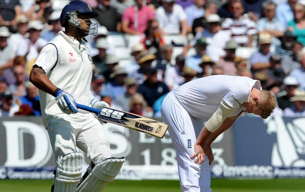 England's Ben Stokes looks towards the ground as India's Murali Vijay adds runs to his score during day two of the first Test between England and India at Trent Bridge cricket ground, Nottingham, England.