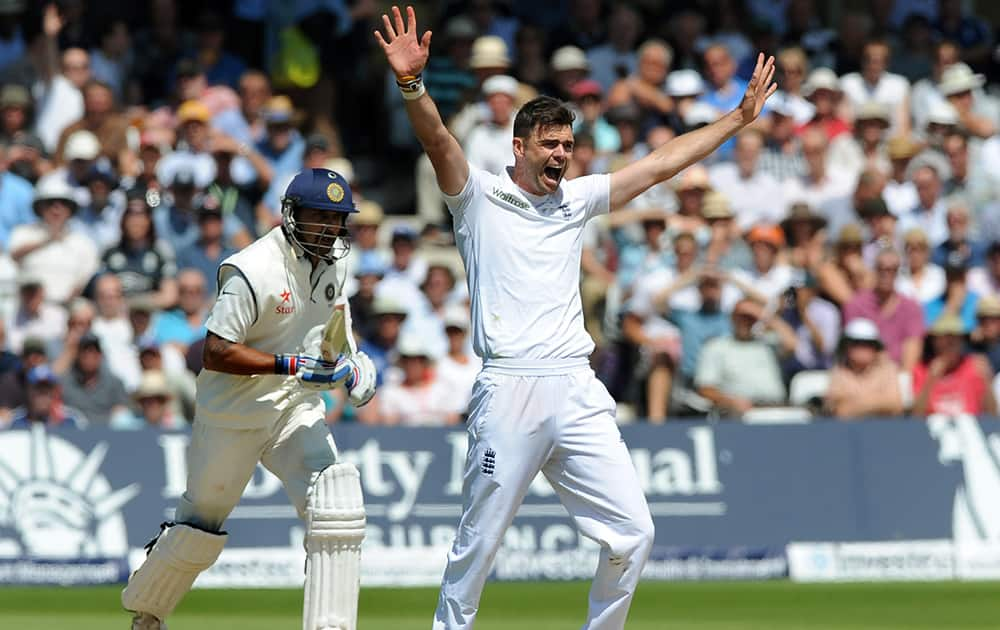 England's James Anderson celebrates India's Murali Vijay wicket LBW for 146 runs during day two of the first Test between England and India at Trent Bridge cricket ground, Nottingham, England.