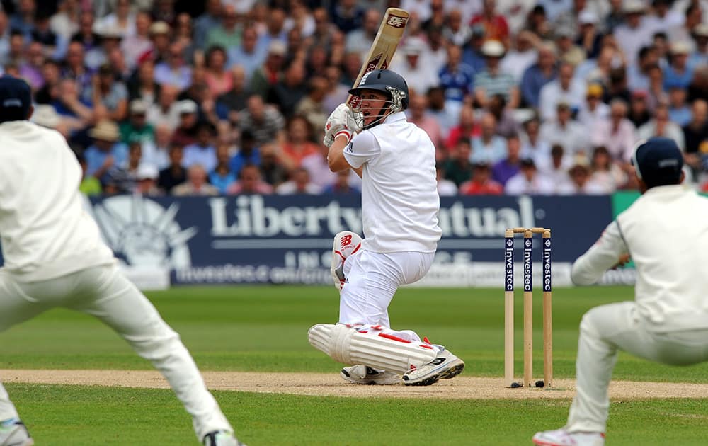 England's Gary Ballance plays a shot during day three of the first Test between England and India at Trent Bridge cricket ground, Nottingham, England.