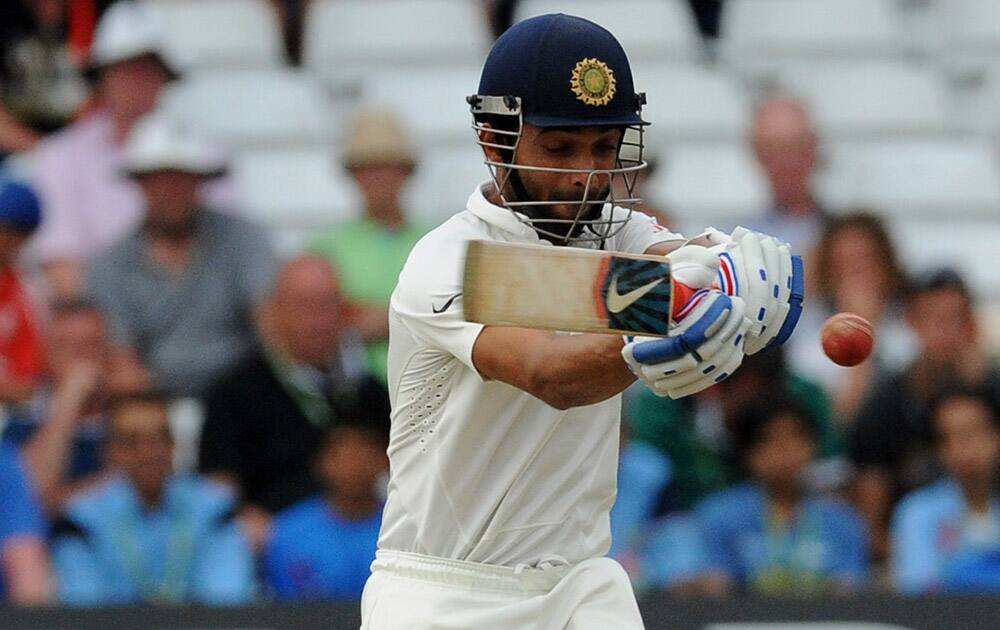 India's Ajinkya Rahane plays a shot during day four of the first Test between England and India at Trent Bridge cricket ground, Nottingham, England.