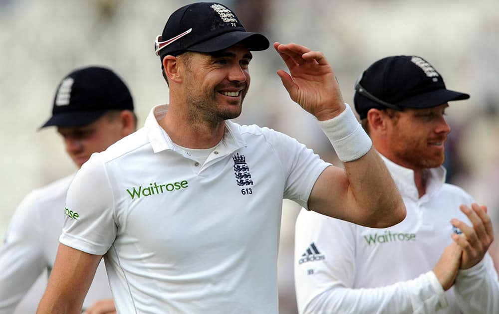 England's James Anderson walks back to the pavilion at the end of play on day four of the first Test between England and India at Trent Bridge cricket ground, Nottingham, England.