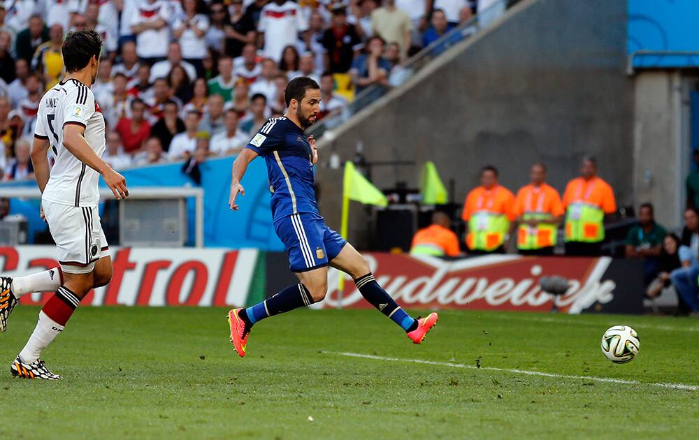 Argentina's Gonzalo Higuain, right, scores a disallowed goal past Germany's Mats Hummels, left, during the World Cup final soccer match between Germany and Argentina at the Maracana Stadium in Rio de Janeiro, Brazil.