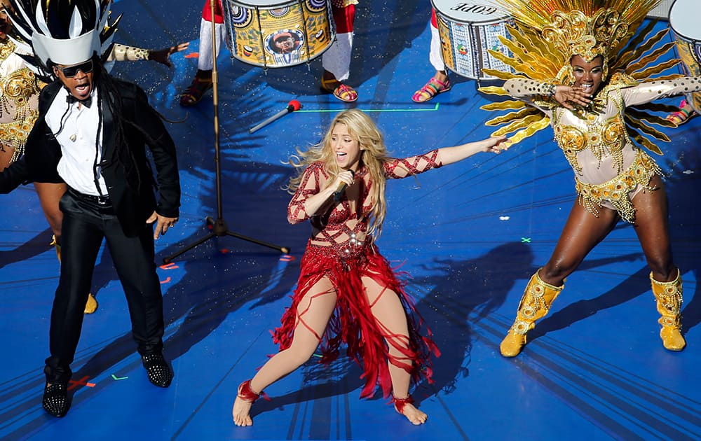 Shakira performs during the closing ceremony for the soccer World Cup at the Maracana Stadium in Rio de Janeiro, Brazil.