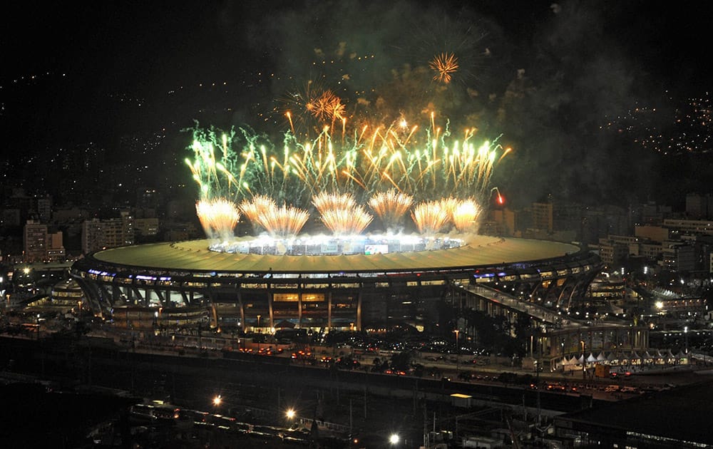 A fireworks display is seen over the Maracana stadium after the soccer World Cup final match between Argentina and Germany, in Rio de Janeiro, Brazil.