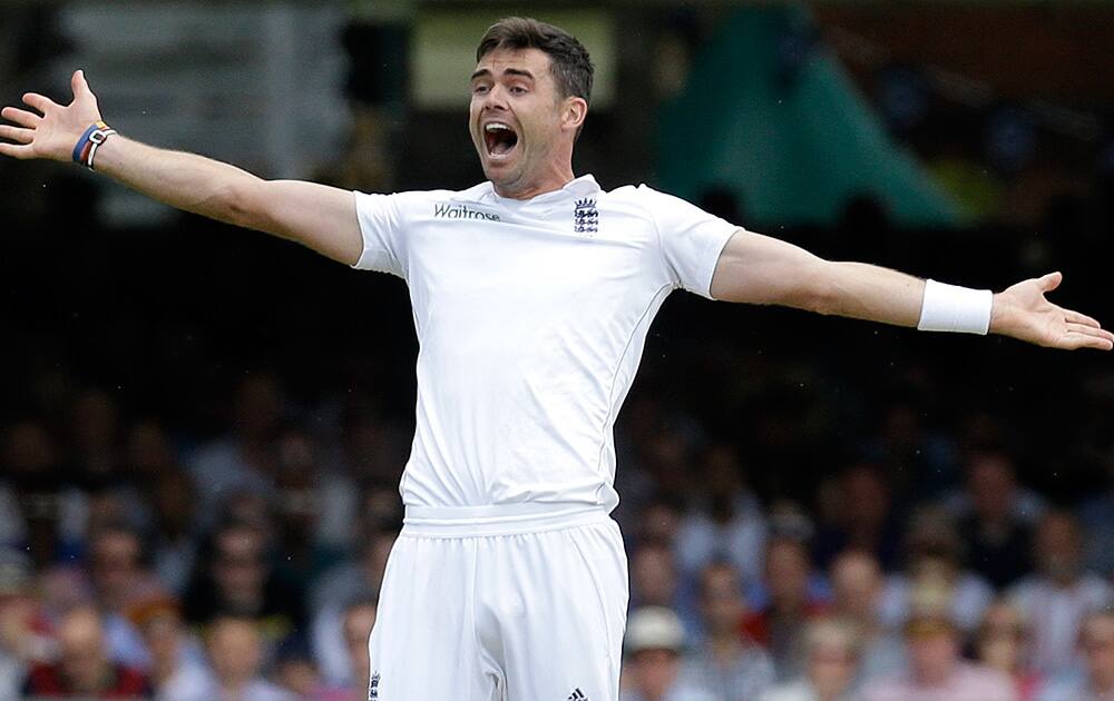 England's James Anderson appeals during the first day of the second test match between England and India at Lord's cricket ground in London.