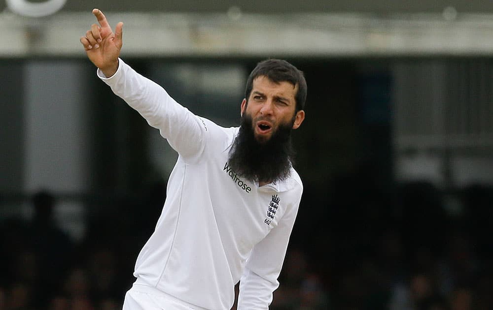 England's Moeen Ali appeals unsuccessfully during the fourth day of the second test match between England and India at Lord's cricket ground in London.