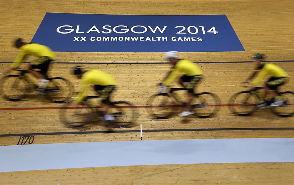 Members of the Malaysian men's cycle team in action, during a training session in the Velodrome ahead of the start of the Commonwealth Games 2014, in Glasgow, Scotland.