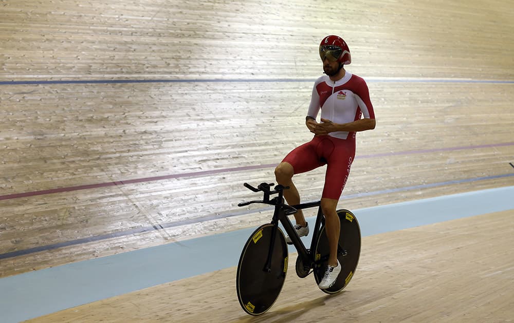 Bradley Wiggins of England's men's cycle team during a training session in the Velodrome ahead of the start of the Commonwealth Games 2014 in Glasgow, Scotland.