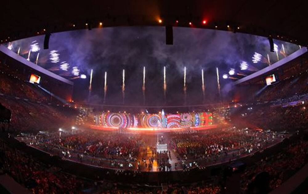 Fireworks explode over the stadium at the end of the opening ceremony for the Commonwealth Games 2014 in Glasgow, Scotland.