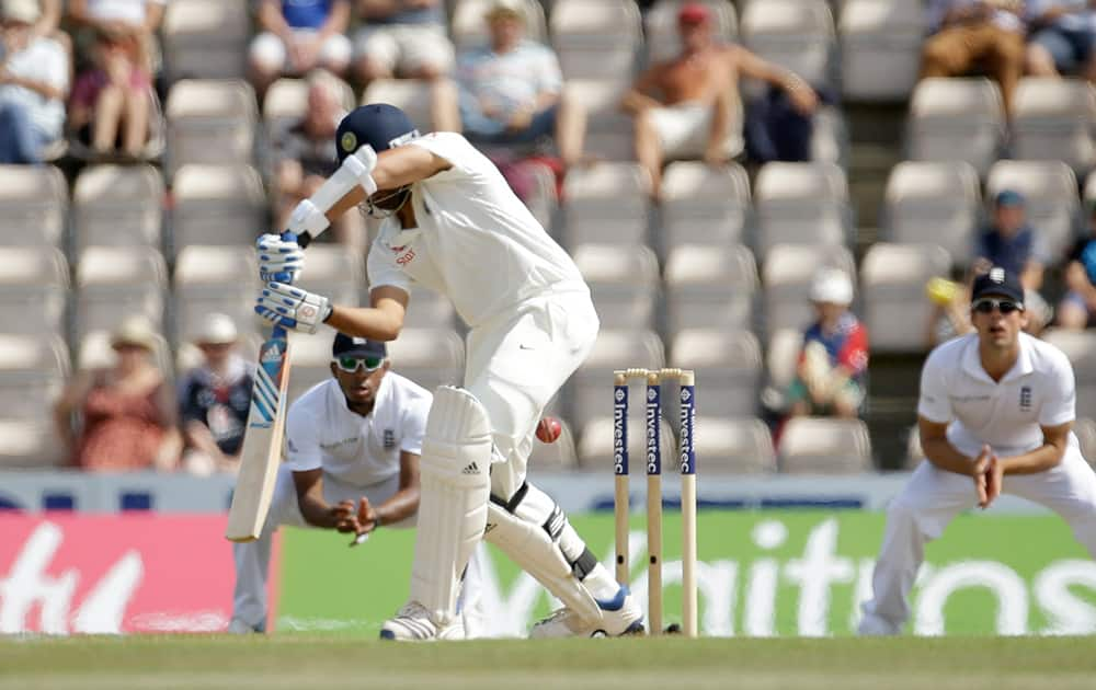 India's Rohit Sharma edges to be caught out by England wicketkeeper Jos Buttler, not pictured, during the fifth and final day of the third cricket Test match of the series between England and India at The Ageas Bowl in Southampton, England.