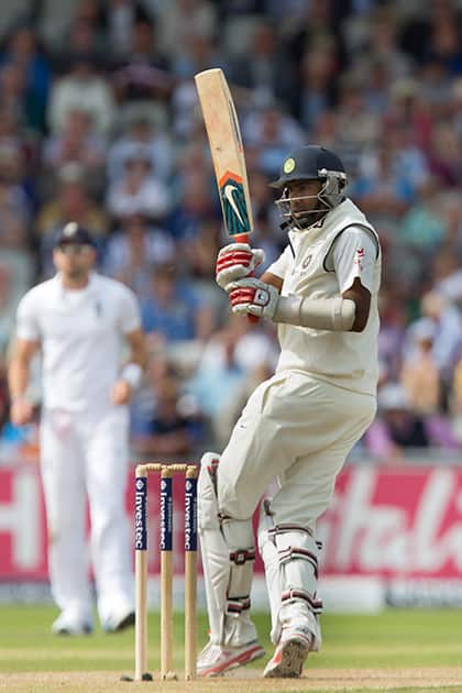 Ravichandran Ashwin watches a shot off the bowling of England's Chris Woakes at Old Trafford cricket ground on the first day of the fourth test match of their five match series, in Manchester, England.