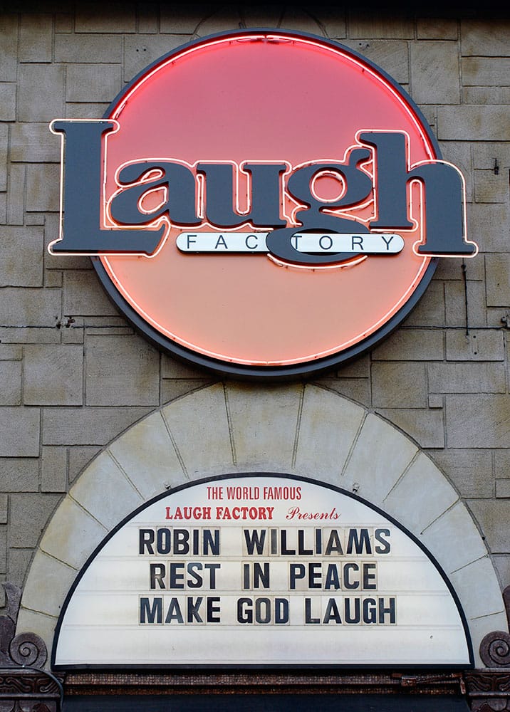 The marquee of the Laugh Factory shows a message in memory of actor/comedian Robin Williams in the Hollywood district of Los Angeles.