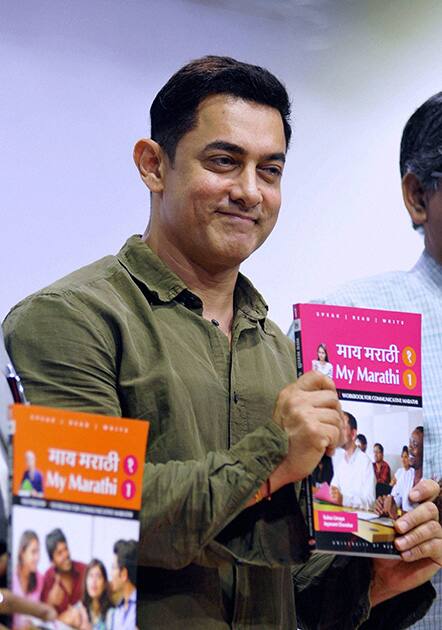 Aamir Khan during the launch of Communicative Marathi, Level 1 book titled 'My Marathi' at the Marathi Bhasha Bhavan in Mumbai.