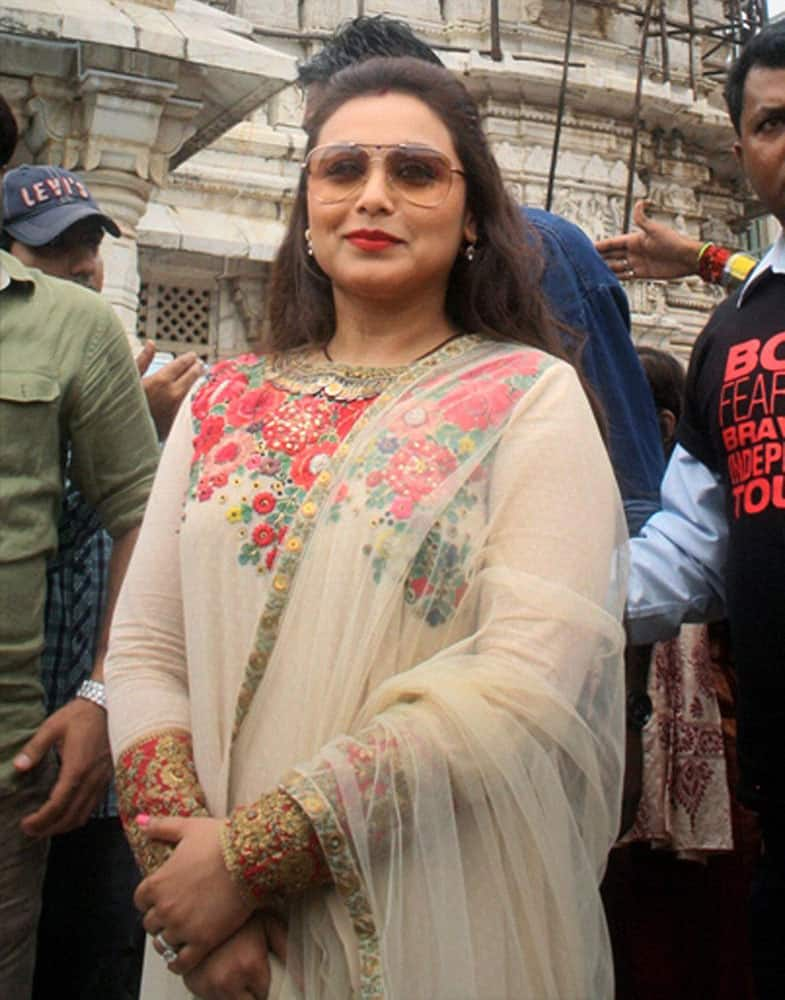 Bollywood Actress Rani Mukerji offers prayers at Ambaji tample, during promotion for her upcoming movie Mardaani in Ahmedabad.