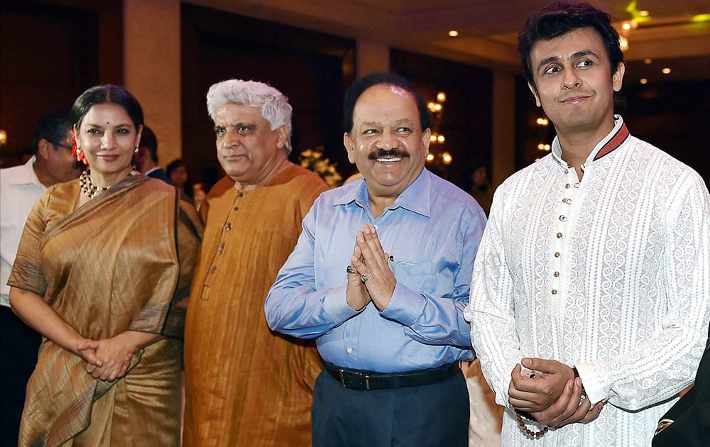 Union Health Minister Harsh Vardhan, lyricist Javed Akhtar, actress and activist Shabana Azmi and singer Sonu Nigam at the launch of a public service message in the form of a music video 'Phool Khil Jayenge' in New Delhi.