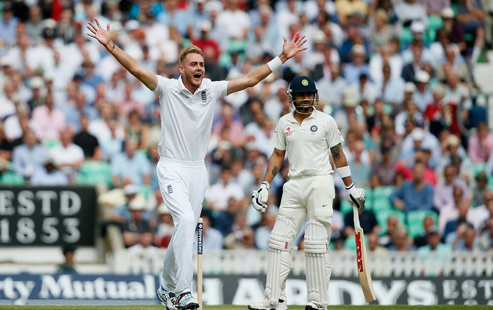 England's Stuart Broad appeals for the wicket of India's Virat Kohli, who was given not out, during the first day of the fifth test cricket match at Oval cricket ground in London.