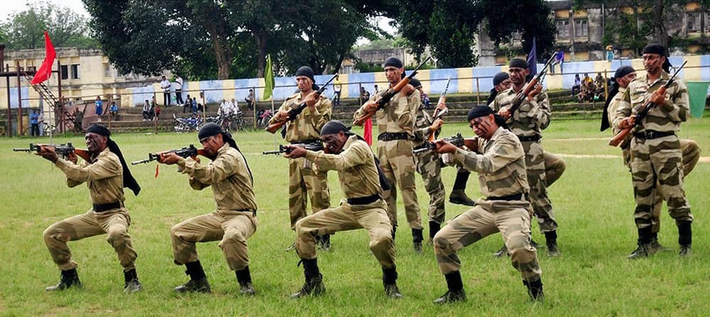 Central Reserve Police Force (CRPF) personnel performs a mock drill in Ranchi.