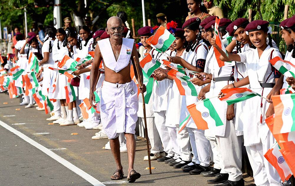 A man dressed as Mahatma Gandhi during the 68th Independence Day function at Fort St. George in Chennai.