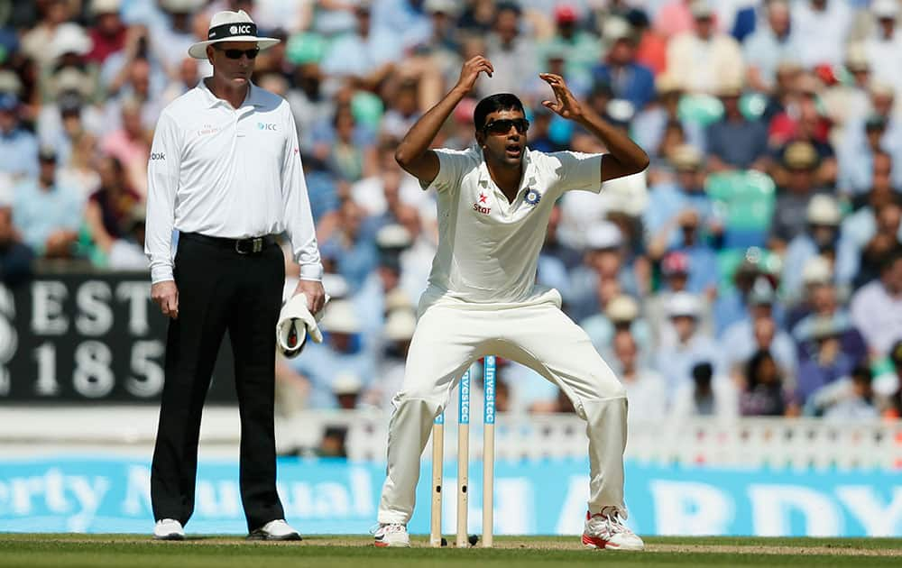 Ravichandran Ashwin appeals for a wicket during the second day of the fifth test cricket match against England at Oval cricket ground in London.