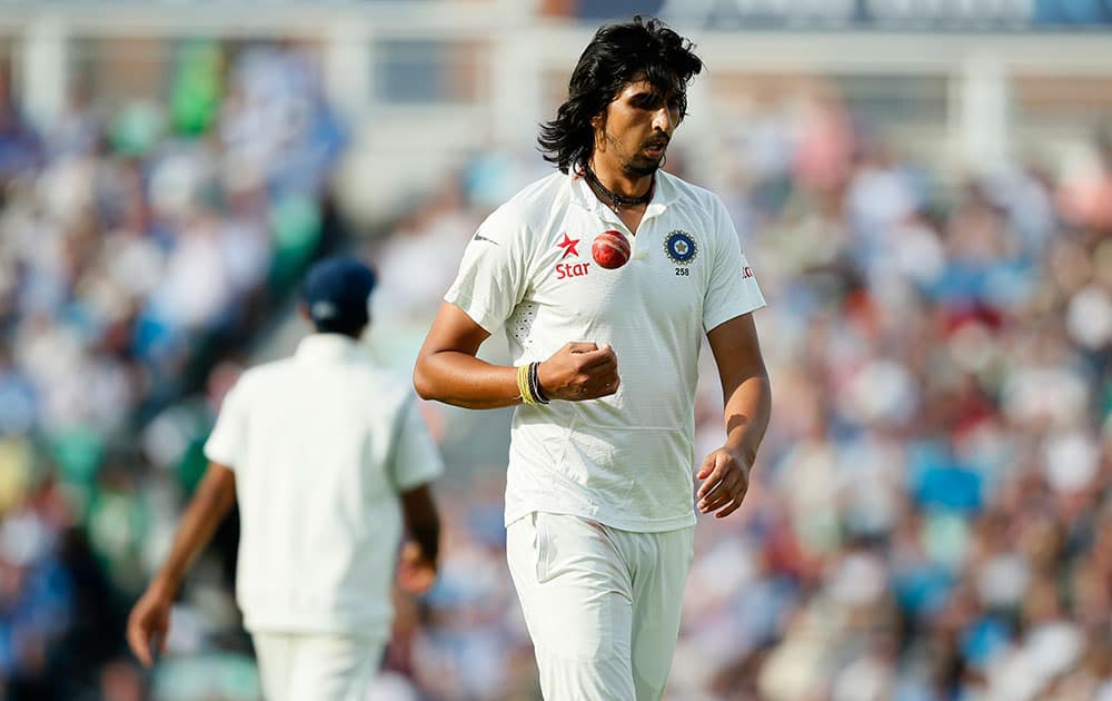 India's Ishant Sharma prepares to bowl to England's Jos Buttler during the second day of the fifth Test cricket match at Oval cricket ground in London.