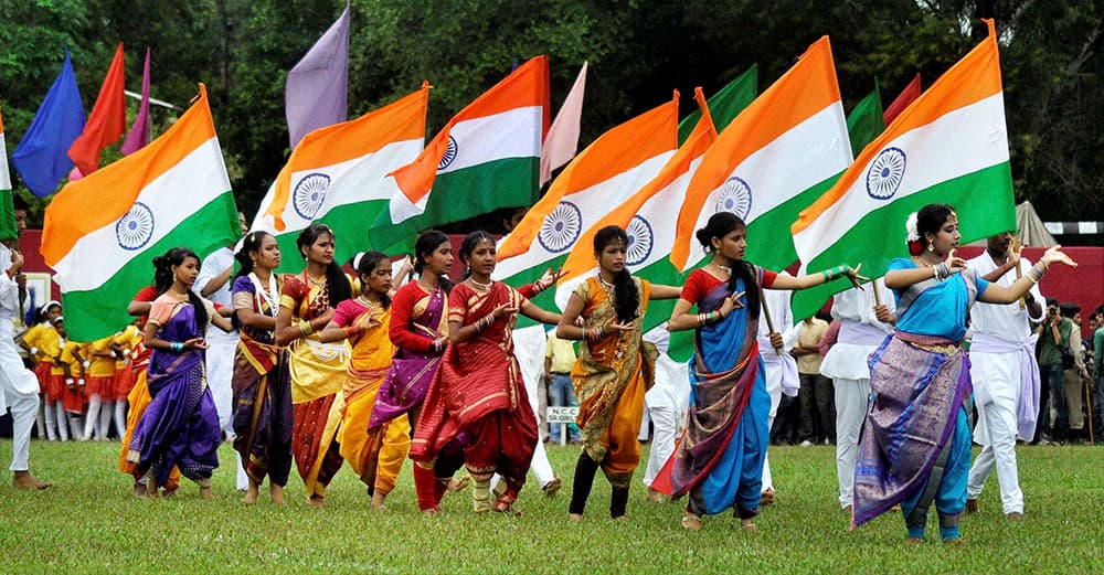 Schoolchildren perform during Independence Day function in Agartala, Tripura.