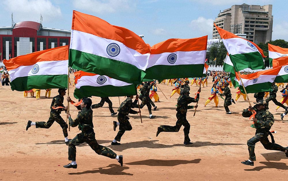 Children performing during the 68th Independence Day function at Manek Shaw Parade Ground in Bengaluru.