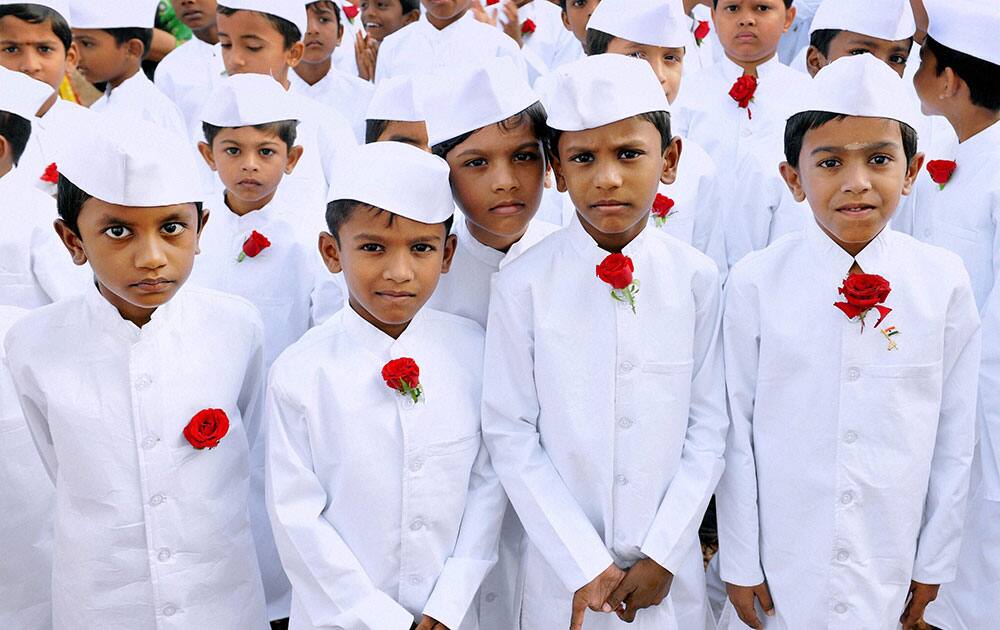 School students dressed as Jawaharlal Nehru during an Independence Day function in Coimbatore.