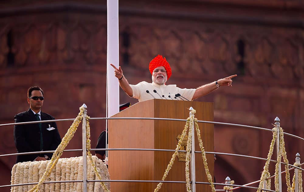 Narendra Modi addresses the nation on the country`s Independence Day from the ramparts of the historical Red Fort in New Delhi.