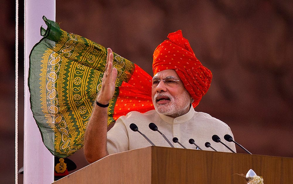 Indian Prime Minister Narendra Modi addresses the nation on the country`s Independence Day in New Delhi.