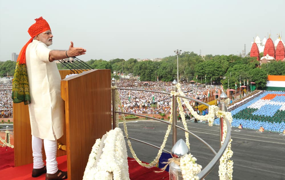 The Prime Minister, Shri Narendra Modi addressing the Nation on the occasion of 68th Independence Day from the ramparts of Red Fort, in Delhi.