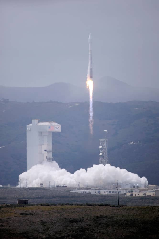 In this image provided by Vandenberg Air Force Base, Calif., a rocket launches from Vandenberg Air Force Base, carrying a satellite designed to produce high-resolution images of Earth from space. Military and company officials said the commercial satellite known as Worldview-3 was sent into space atop an Atlas 5 rocket.