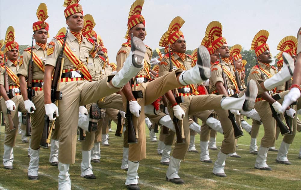 CRPF personnel take part in full dress rehearsal of Independence Day parade at Bakhshi Stadium in Srinagar.