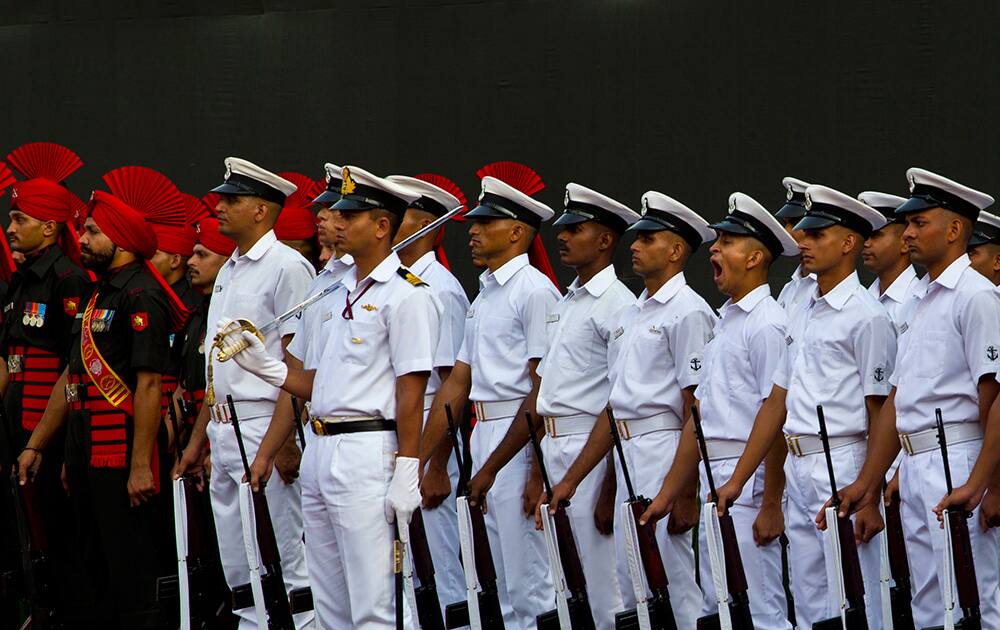 Soldiers during the final rehearsal for the Independence Day celebrations at the Red Fort monument, in New Delhi.