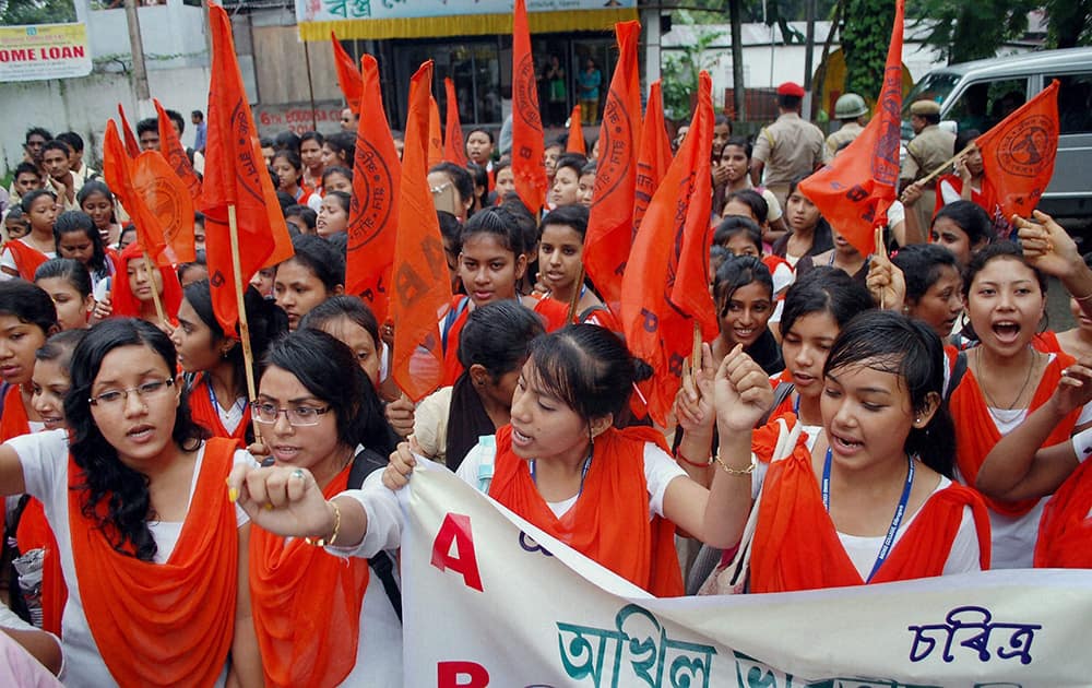 Akhil Bharatiya Vidyarthi Parishad (ABVP) activists stage a protest against the rape of a minor girl in Dibrugarh.