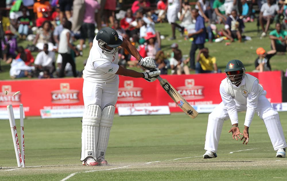 South African batsman Venon Philander is bowled out during the Test match against Zimbabwe at Harare Sports club.