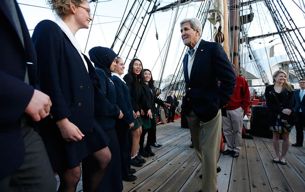 US Secretary of State John Kerry meets students from several Sydney high schools during his visit aboard a replica of Captain Cook`s ship `Endeavour` at the Australian National Maritime Museum in Sydney, Australia.