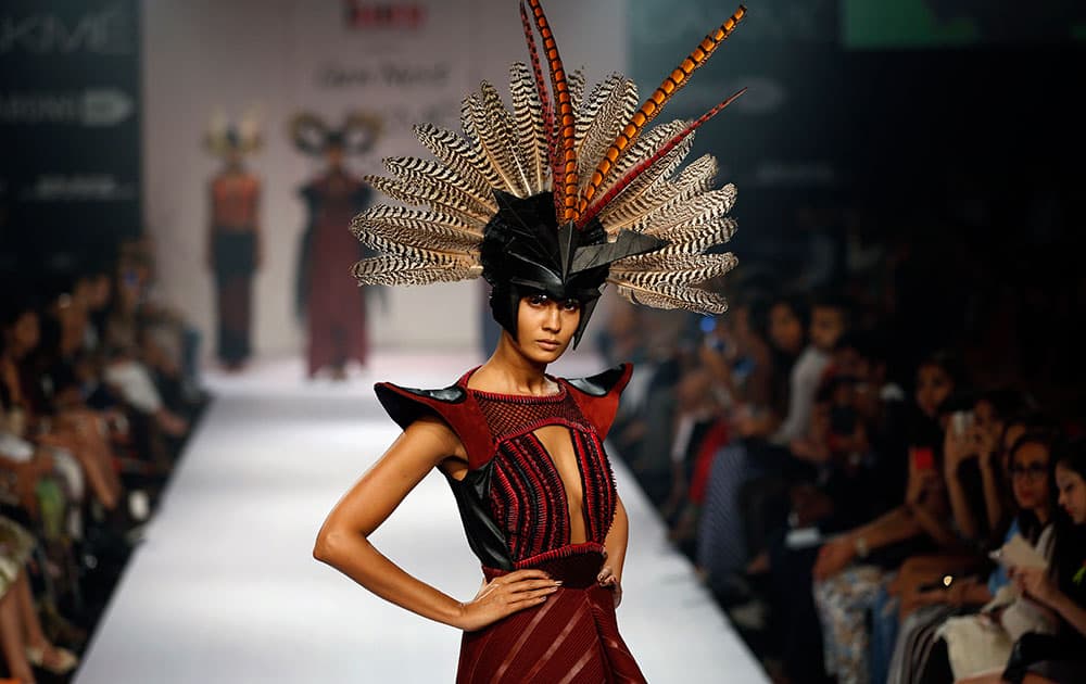 A model displays a creation by a Gen Next designer during the first day of the Lakme Fashion Week in Mumbai.