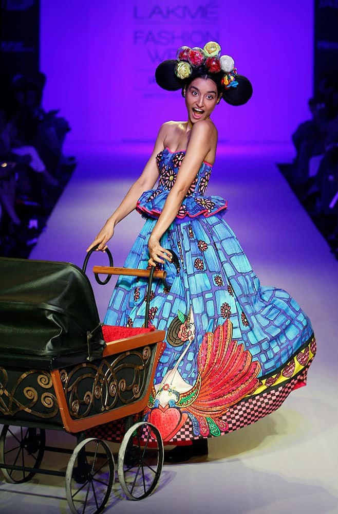 A model displays a creation by a Gen Next designer during the first day of the Lakme Fashion Week in Mumbai.