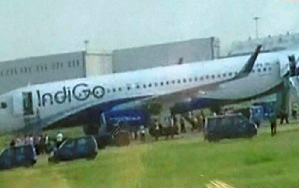 The IndiGo flight which caught fire while landing at the Indira Gandhi International Airport in New Delhi.