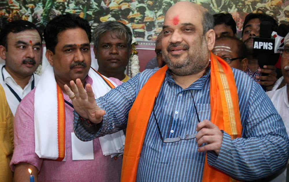 BJP President Amit Shah during the inauguration programme of Prime Minister Narendra Modi`s Parliamentary office in Varanasi.